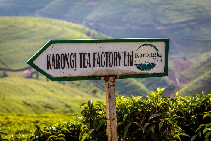 Señal de tráfico hacia la fábrica de té Karongi