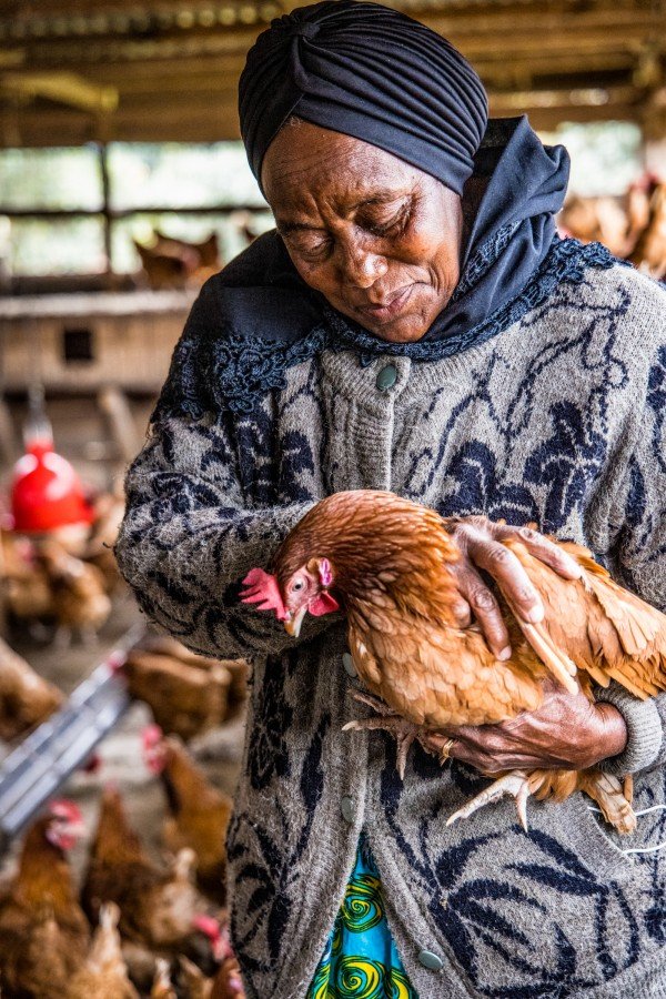 Mercy sosteniendo uno de sus pollos en la granja
